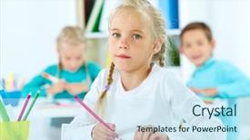  Presentation with classmates - Beautiful presentation design featuring portrait of lovely girl drawing backdrop and a sky blue colored foreground