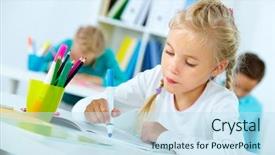  Presentation with classmates - Cool new presentation design with portrait of lovely girl drawing backdrop and a sky blue colored foreground