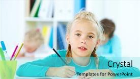  Presentation with classmates - Presentation theme enhanced with portrait of lovely girl drawing background and a  colored foreground