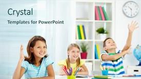  Presentation with classmates - Slide set consisting of portrait of lovely girl raising background and a sky blue colored foreground