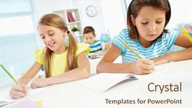  Presentation with workplace - Beautiful PPT layouts featuring portrait of lovely schoolgirls drawing backdrop and a  colored foreground