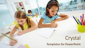  Presentation with workplace - Amazing presentation having portrait of lovely schoolgirls drawing backdrop and a  colored foreground