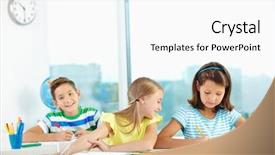  Presentation with workplace - Cool new slide set with portrait of lovely schoolgirls drawing backdrop and a  colored foreground