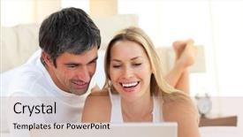  Presentation with lovers - Slide deck with portrait of lovers using a laptop lying on bed at home background and a coral colored foreground