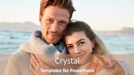  Presentation with walking together - Presentation theme enhanced with portrait of loving couple walking along winter beach together background and a coral colored foreground