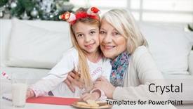  Presentation with girl christmas - Slide set having portrait of loving grandmother and girl with cardpaper smiling during christmas at home background and a soft green colored foreground