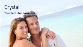  Presentation with aged - PPT layouts featuring portrait of loving middle-aged couple at the beach background and a sky blue colored foreground