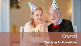  Presentation with birthday party - PPT layouts featuring portrait of loving senior couple celebrating birthday together sitting at table with cake and wearing party hats smiling and looking at camera background and a coral colored foreground
