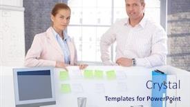  Presentation with office workers - Colorful PPT theme enhanced with portrait-of-male-and-female backdrop and a sky blue colored foreground