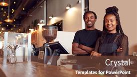  Presentation with coffee shop - Colorful slide deck enhanced with portrait-of-male-and-female backdrop and a tawny brown colored foreground