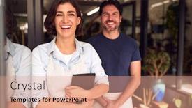  Presentation with female - Audience pleasing PPT theme consisting of portrait-of-male-and-female backdrop and a coral colored foreground