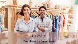  Presentation with black male female fashion - Presentation design featuring portrait-of-male-and-female background and a coral colored foreground