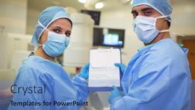  Presentation with healthcare workers - Slides featuring portrait-of-male-and-female background and a teal colored foreground