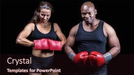  Presentation with boxers - PPT theme enhanced with portrait of male and female boxers with gloves against black background background and a wine colored foreground