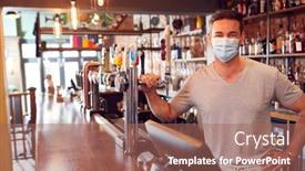  Presentation with face mask - Slide deck featuring portrait-of-male-bar-worker background and a coral colored foreground