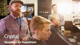  Presentation with barber shop - PPT theme having portrait of male barber giving background and a tawny brown colored foreground