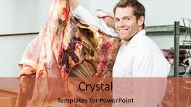  Presentation with butcher - Audience pleasing slide deck consisting of portrait of male butcher standing by side of beef hanging in cooler backdrop and a red colored foreground