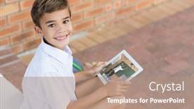  Presentation with distance learning - Slides having portrait-of-male-caucasian-student background and a coral colored foreground