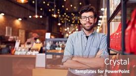  Presentation with coffee shop - PPT layouts consisting of portrait-of-male-coffee-shop background and a coral colored foreground