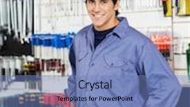  Presentation with hardware - Slide set consisting of portrait of male customer with hands on hip smiling in hardware shop background and a teal colored foreground