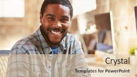  Presentation with desk - PPT theme featuring portrait of male designer working background and a lemonade colored foreground