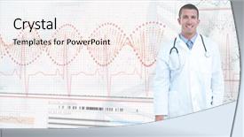  Presentation with information - Presentation enhanced with portrait of male doctor smiling against panoramic view of helix pattern information on device screen background and a sky blue colored foreground