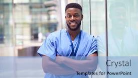  Presentation with scrubs - PPT layouts featuring portrait-of-male-doctor-wearing background and a light blue colored foreground