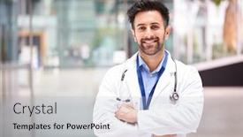  Presentation with modern building - Slide deck consisting of portrait-of-male-doctor background and a light blue colored foreground