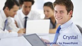  Presentation with executive - Beautiful PPT layouts featuring portrait of male executive using backdrop and a light blue colored foreground