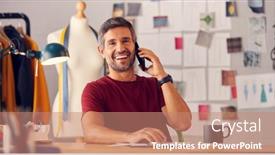  Presentation with fashion - Presentation theme having portrait-of-male-fashion-designer background and a coral colored foreground