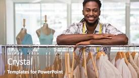  Presentation with mens fashion portrait - Amazing PPT theme having portrait of male fashion designer backdrop and a coral colored foreground