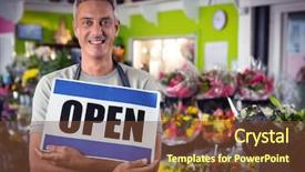  Presentation with signboard - PPT theme consisting of portrait of male florist holding open signboard at his flower shop background and a tawny brown colored foreground