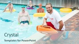  Presentation with lifeguard - Colorful theme enhanced with portrait of male lifeguard crouching backdrop and a cool aqua colored foreground