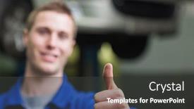  Presentation with mechanic - Slides consisting of portrait of male mechanic gesturing thumbs up background and a dark gray colored foreground