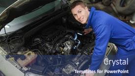  Presentation with engine - Colorful PPT theme enhanced with portrait of male mechanic with flashlight examining car engine backdrop and a ocean colored foreground
