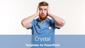  Presentation with medic - PPT layouts having portrait of male medic or doctor making deaf gesture by covering his ears isolated on white background background and a teal colored foreground