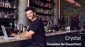  Presentation with restaurant - Colorful PPT layouts enhanced with portrait-of-male-owner backdrop and a wine colored foreground