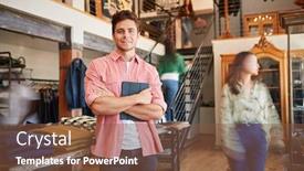  Presentation with customers - Amazing presentation design having portrait-of-male-owner backdrop and a tawny brown colored foreground