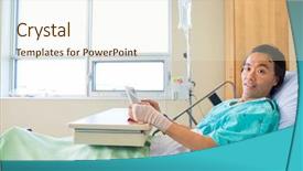  Presentation with digital hospital - Audience pleasing presentation theme consisting of portrait of male patient holding digital tablet while reclining on bed in hospital backdrop and a cream colored foreground