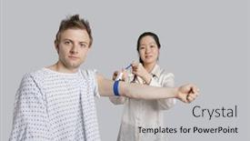  Presentation with blood test - Cool new slide set with portrait of male patient with doctor preparing him for a blood test backdrop and a light gray colored foreground
