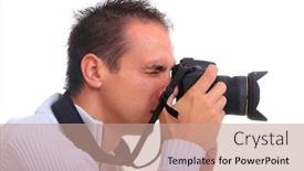  Presentation with cameras - PPT layouts having portrait of male photographer with cameras isolated on white background background and a coral colored foreground