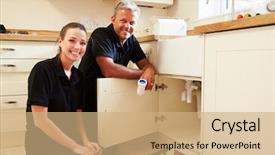  Presentation with apprentice - PPT theme consisting of two men plumbers - portrait of male plumber background and a coral colored foreground