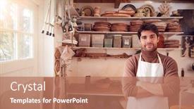  Presentation with apron - Slide deck having portrait-of-male-potter-wearing background and a coral colored foreground