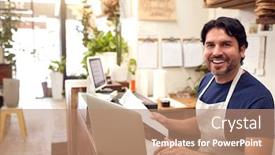  Presentation with science sales - Slide set having portrait-of-male-sales-assistant background and a coral colored foreground