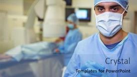  Presentation with healthcare workers - Theme with portrait-of-male-surgeon-standing background and a light blue colored foreground