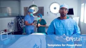 Presentation with scrubs - Theme having portrait-of-male-surgeon-wearing background and a teal colored foreground