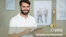  Presentation with using digital tablet - Colorful slide set enhanced with portrait of male therapist using digital tablet in clinic backdrop and a gray colored foreground