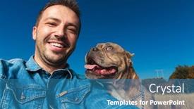  Presentation with bully - Amazing PPT layouts having portrait of man and american bully smiling at the camera outdoor in a field backdrop and a teal colored foreground