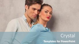  Presentation with studio - Amazing theme having portrait of man behind woman posing in studio looking down while girlfriend is looking at the camera backdrop and a light blue colored foreground