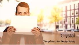  Presentation with happy sad face man - Slides having portrait of man hiding face background and a coral colored foreground